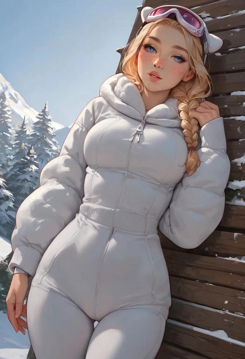 score_9, score_8_up, score_7_up, score_6_up, score_5_up, score_4_up, Expressiveh, 18 year old girl, cute innocent girl, petite, slender body, large perky round breasts, ((freckles)), ((full pouty lips)), slim legs, braided BLONDE hair,
1girl, solo, posing, snowboarding, low angle,
fully dressed, clothed, wearing tight snow onesie, skiing outfit, tight snow pants, winter clothes, ski goggles and headband
in the snow on a mountain side, next to wooden chalet in the swiss alps, snow covered, sunny weather, snowy mountain panorama in the background
