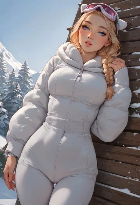 score_9, score_8_up, score_7_up, score_6_up, score_5_up, score_4_up, Expressiveh, 18 year old girl, cute innocent girl, petite, slender body, large perky round breasts, ((freckles)), ((full pouty lips)), slim legs, braided BLONDE hair,
1girl, solo, posing, snowboarding, low angle,
fully dressed, clothed, wearing tight snow onesie, skiing outfit, tight snow pants, winter clothes, ski goggles and headband
in the snow on a mountain side, next to wooden chalet in the swiss alps, snow covered, sunny weather, snowy mountain panorama in the background