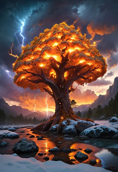 (by Ellen Jewett:1.5), (Fiery orange Bioluminescent Impressionism with lightning, mountain landscape, The Dreamland, Gibson Great Mountains, rock, sky, giant tree, great grand tree on mountains, great fire, great lightning, scenery, great great magical tree, sunset, sunrise , stream, lightining, snow and ice, ethereal landscapes, depth of field, biotech emotion:1.3) <lora:xl_more_art-full_v1:0.5> <lora:add-detail-xl:1> , ral-wlfnte <lora:RMSDXL_Creative:2>