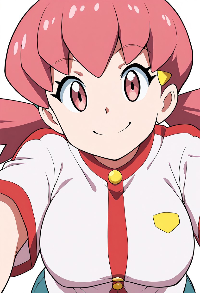 masterpiece, best quality, solo, curvy, beautiful eyes, girl, solo, smile, looking at viewer, dynamic pose, from below, (fisheye), foreshortening, close up,  (leaning forward, eye focus, anime screenshot, 
(upper body), white background,
zzWhitney, pink eyes, pink hair, pigtails, hair clip, white shirt,