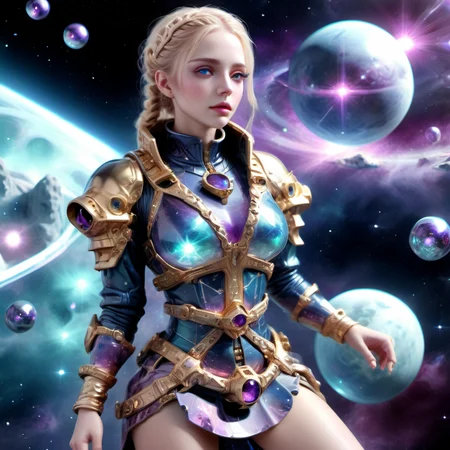 ((best quality)), ((masterpiece)), ((realistic,digital art)), (hyper detailed),DonMC3l3st14l3xpl0r3rsXL female Space battle tactician, , Aging gracefully, Balanced, Berber, Chestnut eyes, V-Shaped Chin, Protruding Jaw, Uneven Cheeks, Angular Forehead, Long face shape, , Golden Blonde Box braids hair, Anticipation, Holding futuristic weaponry with a bold stance., wearing Herringbone SteelBlue Plasma-lace Ruffled Skirt, Virtual Reality Cardigan, , , andMicrochip Keychain and, Striking a pose while navigating through galactic adventures., tech, scifi, futuristic , 8K, HDR, <lora:DonMC3l3st14l3xpl0r3rsXL-000007:1>
