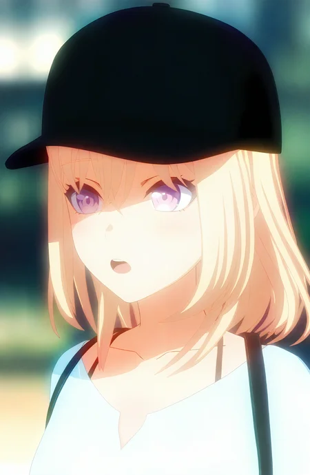 1girl, solo, open_mouth, shirt, blonde_hair, hat, hair_between_eyes, purple_eyes, collarbone, white_shirt, upper_body, blurry, black_headwear, blurry_background, baseball_cap