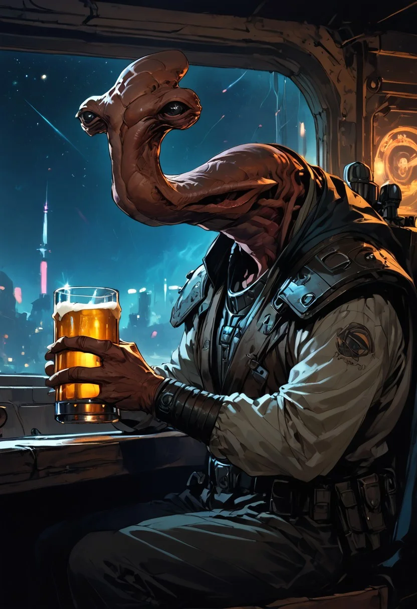 score_9, score_8_up, score_7_up, BREAK, source_anime, an
ithorian hammerhead alien on a space station, sitting at a space bar holding a beer, window in background showing stars and asteroids, neon BAR sign in background, dramatic lights