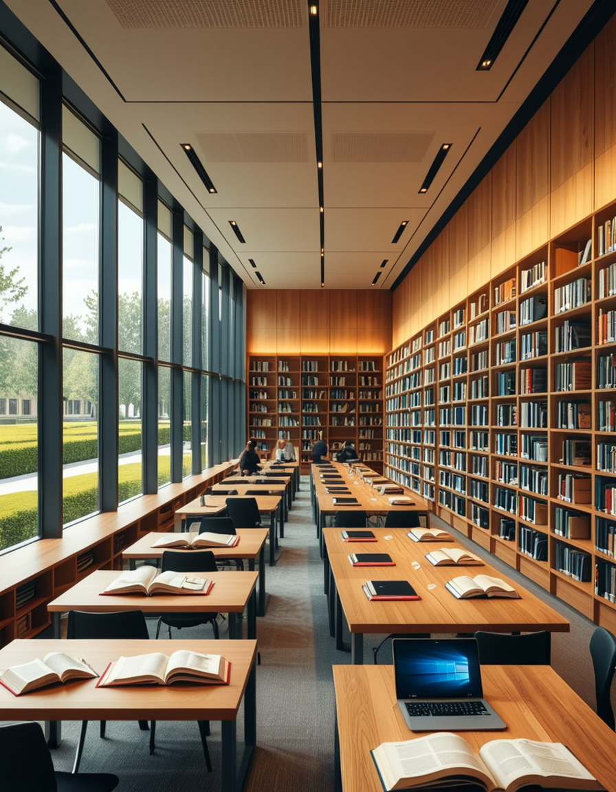 A high-resolution, ultra-realistic photograph of a modern college library interior. The scene showcases a spacious, open-plan design with large floor-to-ceiling windows allowing natural daylight to flood the space. The architectural style is contemporary, featuring minimalist furniture with clean lines: sleek wooden tables, ergonomic chairs in neutral tones (gray and beige), and built-in bookshelves made of light oak wood.
In the foreground, a group of diverse students (varied ethnicities and genders) are quietly studying, some using laptops, others reading books, with focused, calm expressions. One student is sipping coffee from a reusable cup.
The background displays rows of neatly organized books, indoor plants adding a touch of greenery, and modern pendant lights hanging from the ceiling, providing warm, ambient lighting. The floor is covered with soft gray carpet, and large abstract paintings decorate the walls, contributing to a cozy and intellectual atmosphere.
The overall mood is peaceful, studious, and inspiring, with balanced natural and artificial lighting, crisp details, and realistic textures, captured as if by a professional architectural photographer using a full-frame camera.
 <lora:SDXLFaeTastic2400:0.4> <lora:extremely_detailed:0.4> extremely detailed,<lora:modern_c0ll3g3_l1br4ry:1>,modern c0ll3g3 l1br4ry, Masterpiece,best quality,hi res,8k,hi res,8k,award winning,(sharp focus, intricate, highly detailed),