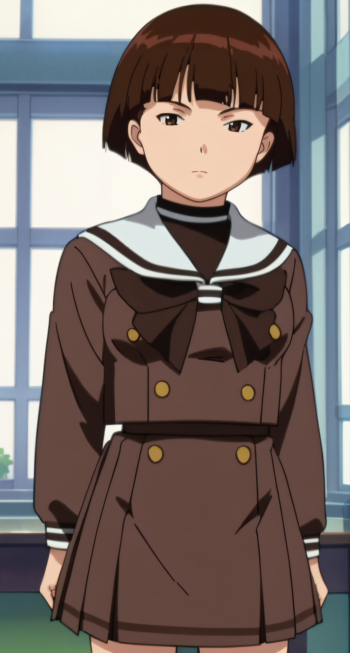 score_9, score_8_up, score_7_up, source_anime, rating_safe, intricate details, anime screencap, official style, anime coloring, 1girl, solo, <lora:Kaneko_Masako:1>, masako, short hair, serafuku, brown school uniform, pleated skirt, brown skirt, looking at viewer, expressionless