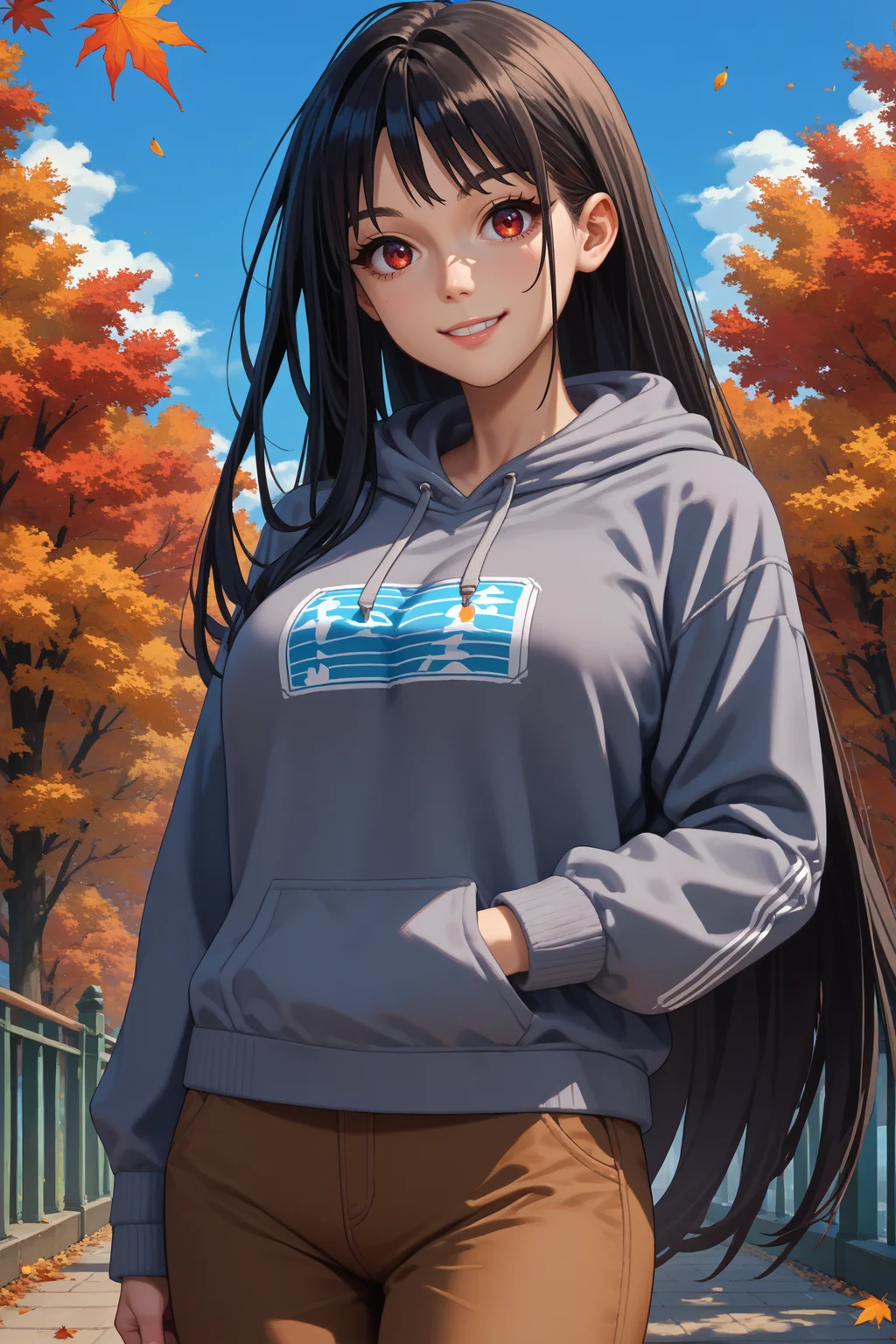 score_9, score_8_up, score_7_up, score_6_up, source_anime, 1girl, solo, <lora:clairekagenou-pdxl-nvwls-v1-000005:1> kagenouclaire, black hair, long hair, red eyes, big breasts, grey hoodie, brown pants, autumn, blue sky, smile, looking at you