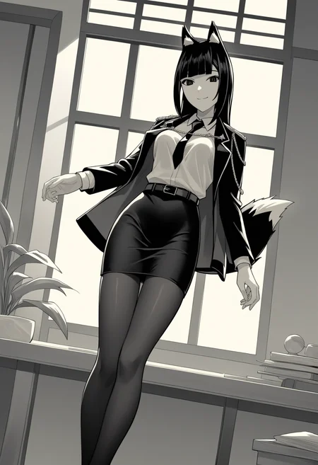 score_9, score_8_up, score_7_up, source_anime,
BREAK
1girl, solo,
<lora:shiBelialV1:1>,
shiBelialADRIAN, limited palette,
black hair, black eyes,
long hair, fox ears, blunt bangs, fox tail, medium breasts,
collared shirt, necktie, shiny clothes,
black jacket, jacket on shoulders, long sleeves, belt,
pantyhose, black skirt, pencil skirt,
looking at viewer, smile, indoors,