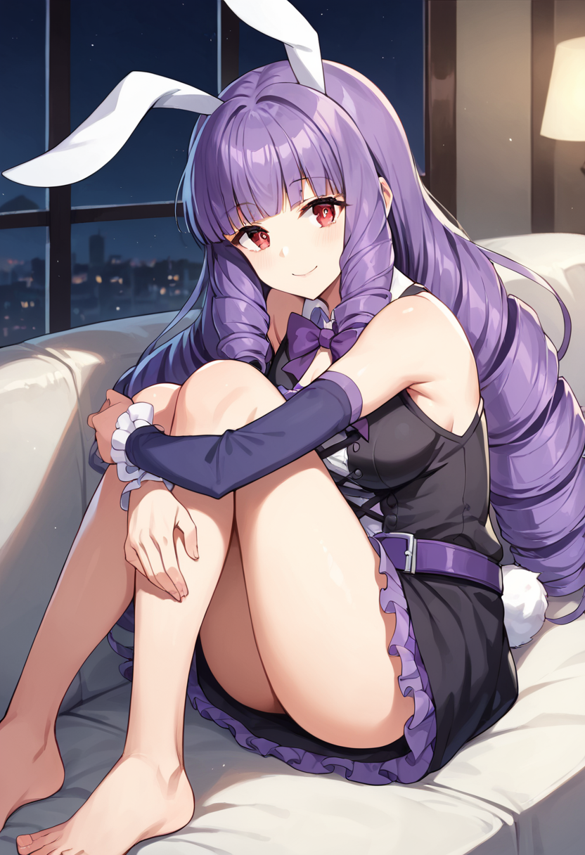 score_9,score_8_up,score_7_up,source_anime,masterpiece,best quality,1girl,solo,bright_pupils,chuchu_(show_by_rock!!),red eyes,long hair,purple hair,drill hair,blunt bangs,white animal ears,white rabbit ears,rabbit tail,dress,purple detached sleeves,purple frills,bowtie,belt,purple bow,skirt,<lora:chuchuSB69>,leaning_forward,smile,closed mouth,barefoot,couch,indoors,sitting,knees_to_chest,hugging own legs,head_tilt,looking_at_viewer,night,