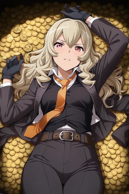 masterpiece, best quality, amazing quality,
<lora:Claudine_IL:1> claudine, 1girl, gloves, long hair, pants, solo, necktie, black gloves, on back, blonde hair, lying, belt, looking at viewer, coin, shirt,
