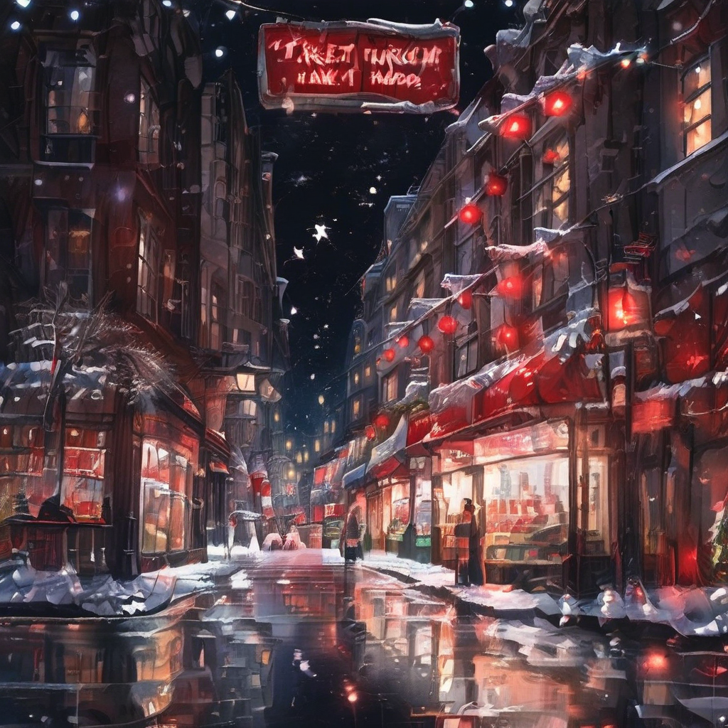 building, street, outdoors, cityscape, lantern, night, tree, english text, boots, storefront, snow, from behind, 1girl, reflection, snowing, ground vehicle, umbrella, long hair, starry sky, shop, sky