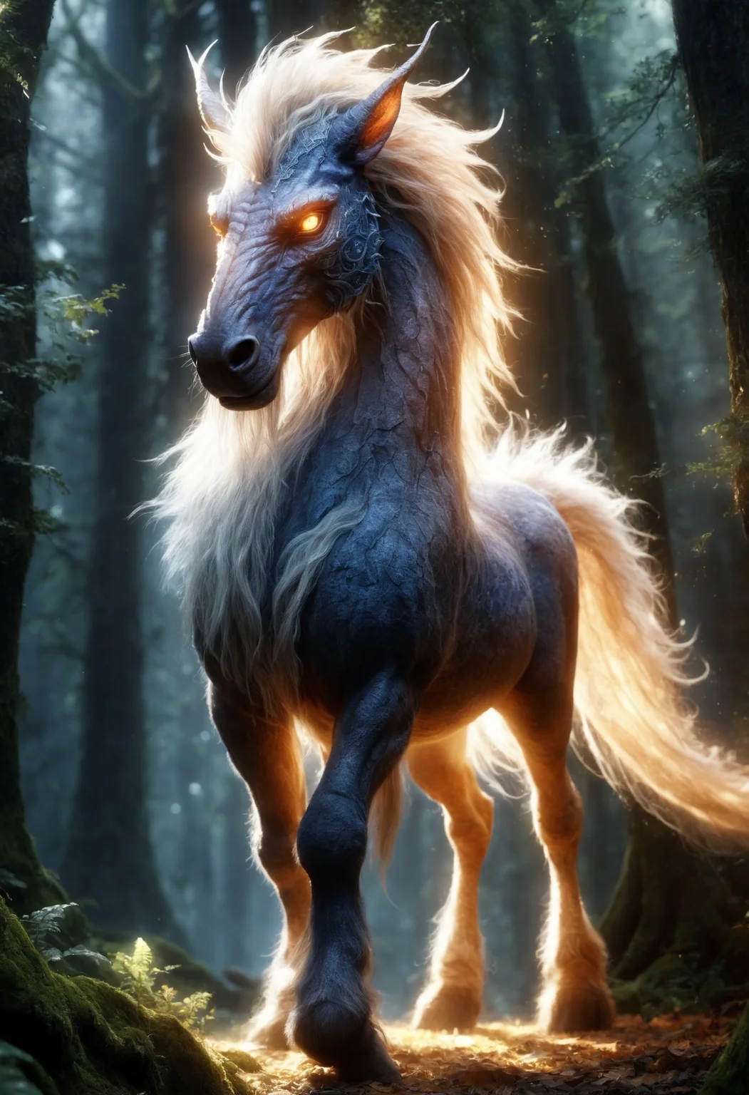 (masterpiece, best quality,detailed light), DonM50und0fMu51cXL manticore, mythical tall humanoid creature, horse head, mane hooved feet, fur, furry skin, forests, mischievous, , age-old, (highres, 4k, 8k, intricate detail, cinematic lighting, amazing quality, Detailed Illustration, wallpaper) <lora:Perfect Hands v2> <lora:SDXL\DetailedEyes_V3> <lora:myLoraXL_test\DonM50und0fMu51cXL-000008>