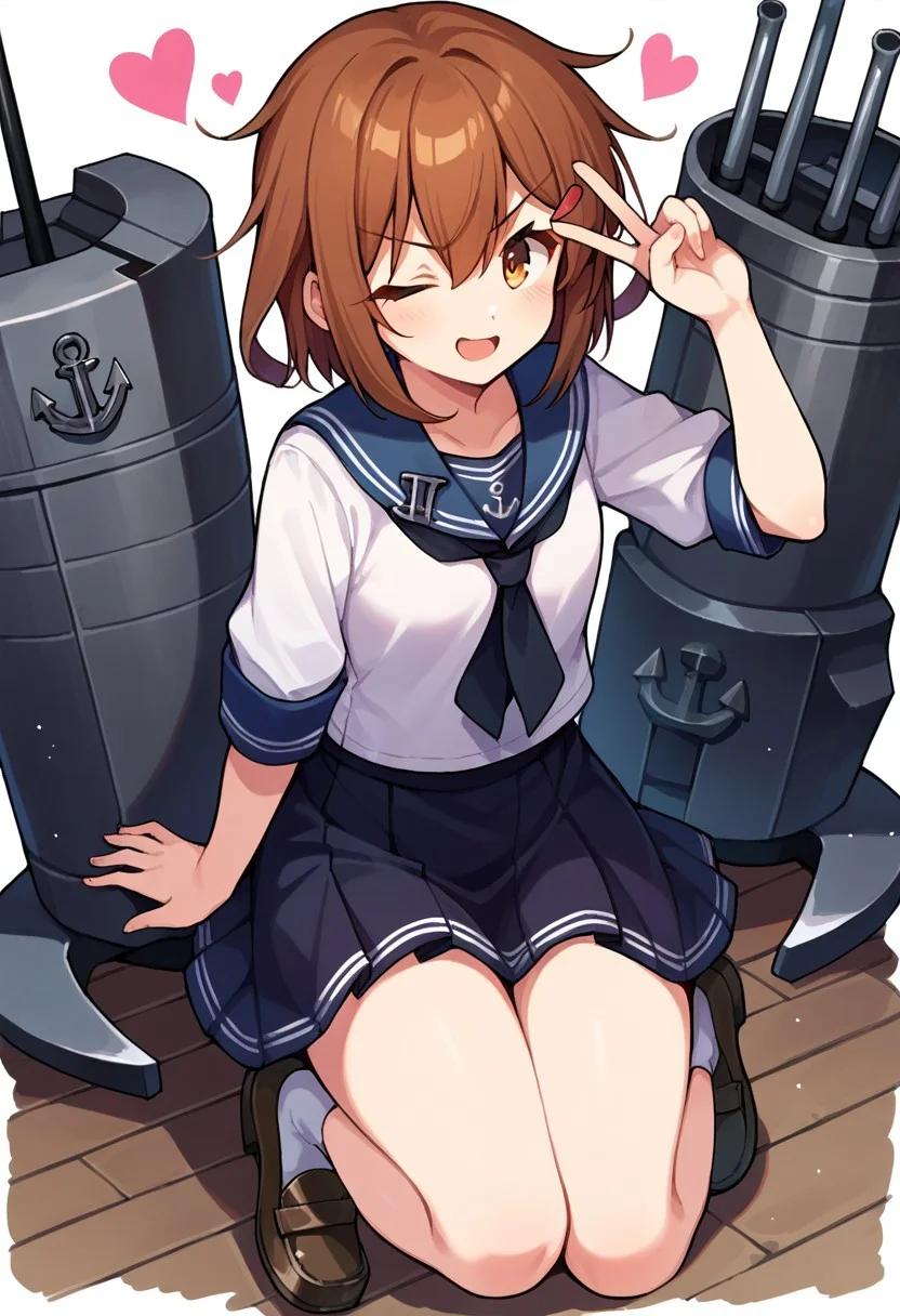 score_9, score_8, score_7, source_anime, ikazuchi (kancolle), hairclip, black skirt, one eye closed, loafers, anchor, heart, machinery, swimsuit, v-shaped eyebrows, blue sailor collar