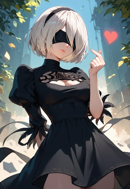 score_9, score_8_up, score_7_up, 1girl finger heart, yorha no. 2 type b, black blindfold, arm behind back, black dress
<lora:finger_heart_korean_retry_1:1>