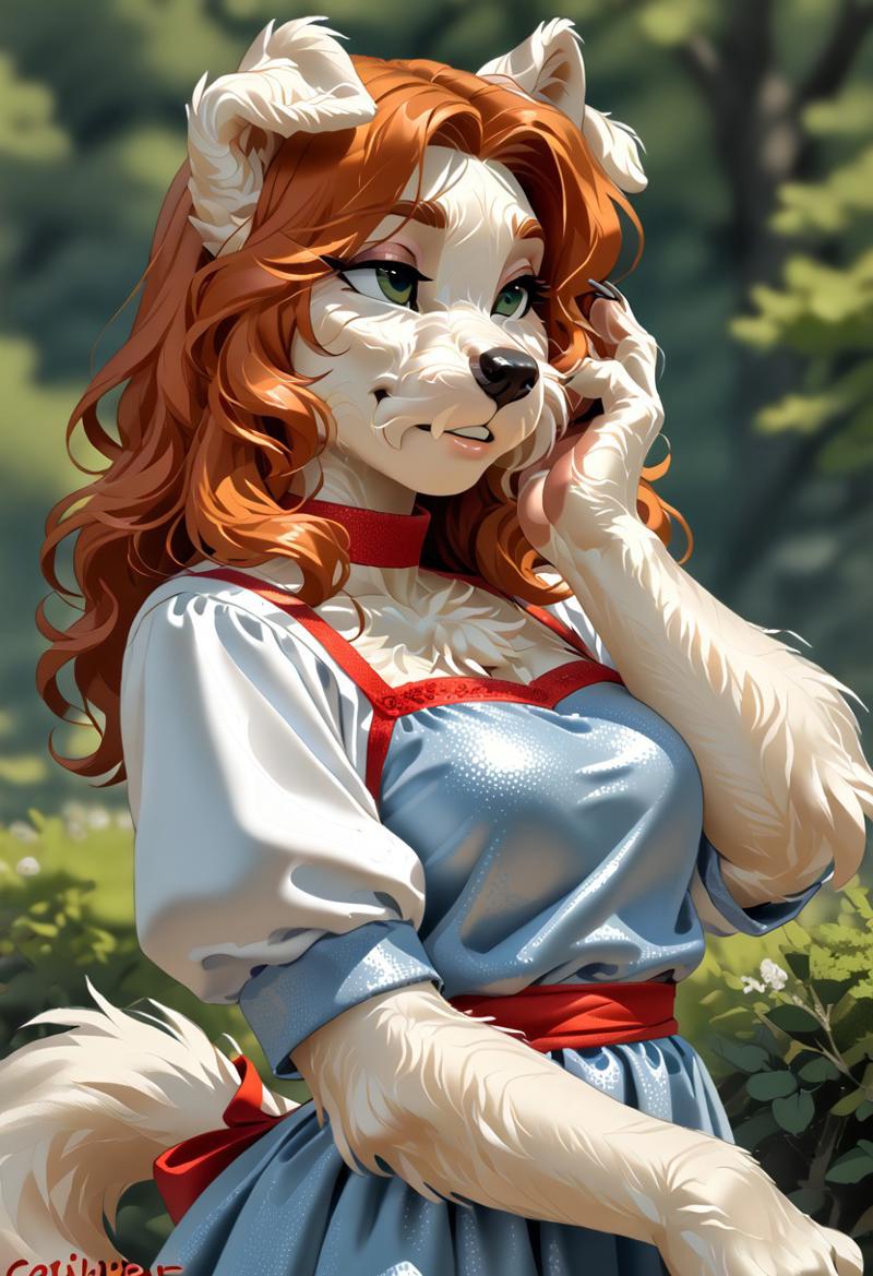 score_9, score_8_up, score_7_up, (by kittydee:1.5), (by jailbird:1.5), (by zummeng:1.5), masterpiece, best quality,   
(Furry Art: Anthro: Scottish Terrier:1.5), 1girl, expressive eyes, feminine eyes, perfect face, feminine face, scottish terrier, dog, canine, long face fur, pointy dog ears, long body fur, white fur, red hair, wavy hair, medium breasts, armored dress,