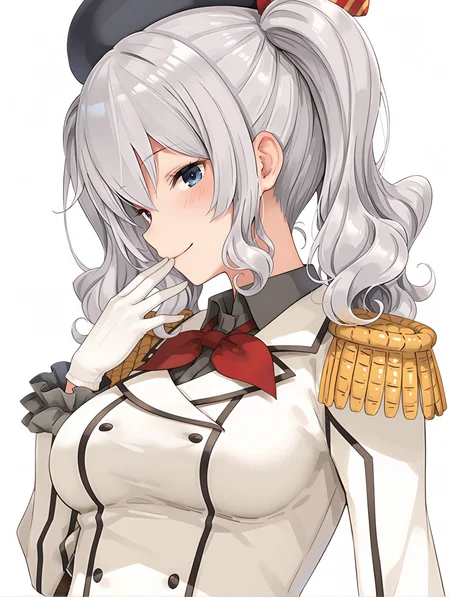 masterpiece,best quality,newest,1girl,solo,
<lora:kashima_ilxl_v1.2:1>,kashima,k_hat,black beret,k_clothes,epaulettes,white jacket,long_sleeves,
<lora:Fixhands_anime_bdsqlsz_V1:1>,looking_at_viewer,upper_body,face_focus,dynamic_angle,cinematic_angle,smile,light_blush,white_background,simple_background,hand to own mouth,profile,