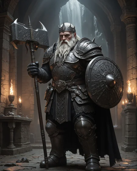 The image portrays a commanding and regal warrior in a richly detailed fantasy setting. The figure stands tall and imposing, exuding authority and strength. His long, snow-white beard is neatly braided, with strands interwoven into intricate plaits, showcasing both his wisdom and cultural heritage. The braiding adds an air of discipline and tradition, emphasizing his distinguished persona. His hair, matching the beard in color, is tied back loosely, cascading slightly behind his head and shoulders. The character wears an ornate grey crown signifying his high status, possibly as a king or noble warrior. His facial expression is intense and resolute, with piercing eyes that convey both wisdom and determination. His chiseled features and furrowed brows suggest a life of experience, battles, and leadership. The armor he dons is an extraordinary masterpiece of craftsmanship. Made of intricately engraved grey geometric steel, it is layered with square motifs and patterns an runes, blending utility with aesthetic grandeur. The chest piece is robust and adorned with ornate designs that interlock, accentuating his royal and battle-hardened demeanor. His shoulders are protected by massive pauldrons that match the rest of the armor in detail, and they extend outward with ridged edges, emphasizing his imposing stature. Around his waist, a wide leather belt with a large, intricately designed buckle secures the armor, while several small pouches and decorative elements hang from it, suggesting readiness for both combat and leadership. The warrior grips a massive, massive double-headed battle hammer like Thors hammer in his right hand, the weapon clearly a symbol of his strength and authority. The hammers The head of the weapon is ornately decorated, featuring . The handle is long, sturdy, and metal , ending in a pommel that matches the ornate aesthetic of his overall ensemble. He also holds ((Very Large big huge)) ((((rectangular)))) angular shield, like a Roman Scutum, it has a boss, a bulge on the front made out of iron or bronze. The setting further emphasizes the grandeur and mystique of the character. He stands in what appears to be an ancient, stone-built throne room or ceremonial hall. The backdrop features arched doorways and decorative pillars, with warm torchlight casting flickering shadows across the stone walls. The torches are mounted in iron sconces, their flames adding a golden glow to the scene. a cave and waterfall behind the figure in the background lend a sense of otherworldly majesty and mystery to the environment. Overall, the image depicts a legendary warrior-king, whose braided white beard, majestic armor, and commanding presence evoke both reverence and awe. This is a figure who symbolizes power, wisdom, and an indomitable spirit, standing at the nexus of history, myth, and destiny. This image depicts a formidable medieval dwarf warrior clad in heavy, intricate plate armor with a distinctly dark and imposing aesthetic. The artwork appears to be a detailed illustration rendered in monochromatic tones, primarily using blacks, grays, and subtle metallic highlights. The warrior's most striking feature is their helmet, which features a distinctive design reminiscent of early medieval great helms but with added complexity. The helmet has a T-shaped visor with angular, aggressive lines and additional protective plates that give it a menacing appearance. Various geometric patterns and reinforced ridges are incorporated into the helmet's design, suggesting both decorative and functional purposes. The armor itself is a masterwork of layered plates and interlocking segments. The chest piece consists of multiple overlapping plates with geometric patterns and angular designs that echo throughout the entire suit. The shoulders are protected by large pauldrons with sharp, aggressive angles and decorative ridging that matches the overall aesthetic of the armor. The arm protection includes detailed vambraces and couters (elbow protection) that maintain the same geometric motif. Below the waist, the warrior wears a coat of scale mail that resembles a skirt or tasset. This piece is particularly detailed, showing individual scales arranged in overlapping rows, creating a flexible but highly protective layer. The legs are protected by greaves that continue the angular, geometric design language of the upper armor. The warrior's stance is powerful and grounded, suggesting both strength and stability. They are wielding a distinctive weapon that appears to be a war hammer or pole weapon with spikes on both ends. The weapon's design matches the armor's aesthetic, featuring geometric shapes and angular construction. The warrior holds this weapon with both hands in a ready position, suggesting combat preparedness. The entire ensemble is colored in various shades of black and dark gray, with lighter highlights that emphasize the metallic nature of the armor and create depth in the illustration. The shading and detail work is particularly notable in how it brings out the various textures of the different armor components – from the smooth, polished surfaces of the plate armor to the rougher, more textured appearance of the scale mail. The overall design suggests a fusion of historical medieval armor with a fantasy or dark fantasy aesthetic. While the basic components of the armor (helmet, breastplate, pauldrons, etc.) are grounded in historical armor designs, the specific styling and exaggerated elements push it into a more fantastical realm. The aggressive angles, elaborate geometric patterns, and imposing silhouette create an intimidating presence that would be at home in a dark fantasy setting or video game. The illustration style itself is highly detailed and technical, almost like a character concept art piece, with careful attention paid to how each piece of armor would theoretically connect and function. The linework is precise and clean, while the shading adds depth and dimensionality to the figure. Despite the complexity of the armor, the composition remains clear and readable, with a strong sense of the overall silhouette and character design.