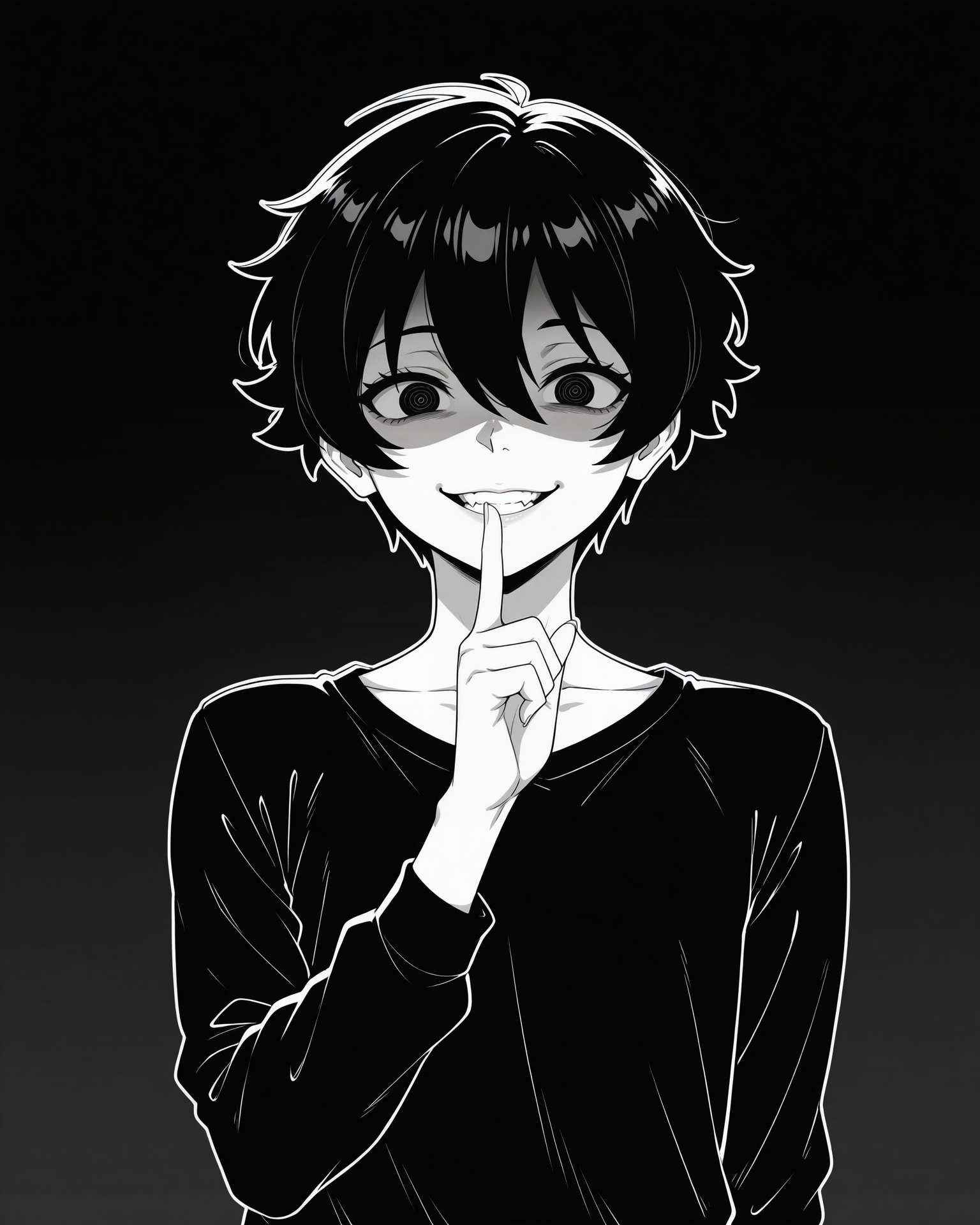 IllustriousQual_1017896, detailed face, detailed body, lineart, greyscale, manga, 1boy, solo, otoko no ko, doomerboy, black hair, black eyes, very short hair, hair between eyes, crazy, crazy eyes, crazy smile, shushing, black t-shirt, long sleeves, upper body, shaded face, black background, gradient background,  <lora:StS-Illustrious-Detail-Slider-v1.0:5><lora:hand 5.5_903007:0.9><lora:StS_Age_Slider_Illustrious_v1:1><lora:Doomerboy:1><lora:il_brightness_slider_d1_1133126:0>