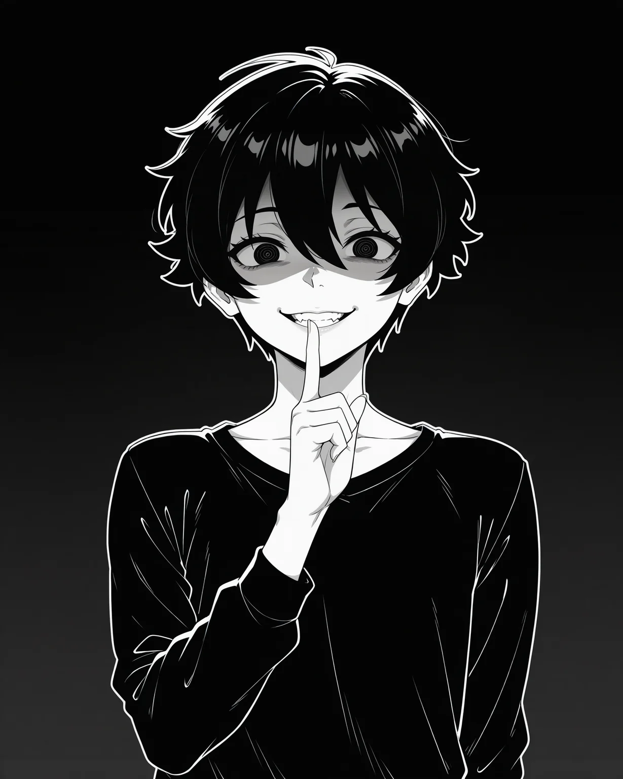 IllustriousQual_1017896, detailed face, detailed body, lineart, greyscale, manga, 1boy, solo, otoko no ko, doomerboy, black hair, black eyes, very short hair, hair between eyes, crazy, crazy eyes, crazy smile, shushing, black t-shirt, long sleeves, upper body, shaded face, black background, gradient background,  <lora:StS-Illustrious-Detail-Slider-v1.0:5><lora:hand 5.5_903007:0.9><lora:StS_Age_Slider_Illustrious_v1:1><lora:Doomerboy:1><lora:il_brightness_slider_d1_1133126:0>