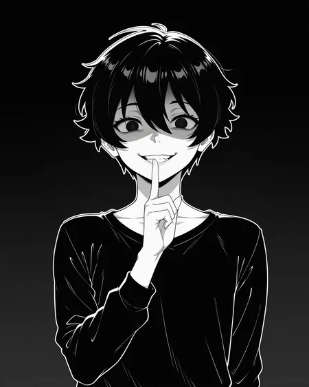 IllustriousQual_1017896, detailed face, detailed body, lineart, greyscale, manga, 1boy, solo, otoko no ko, doomerboy, black hair, black eyes, very short hair, hair between eyes, crazy, crazy eyes, crazy smile, shushing, black t-shirt, long sleeves, upper body, shaded face, black background, gradient background,  <lora:StS-Illustrious-Detail-Slider-v1.0:5><lora:hand 5.5_903007:0.9><lora:StS_Age_Slider_Illustrious_v1:1><lora:Doomerboy:1><lora:il_brightness_slider_d1_1133126:0>