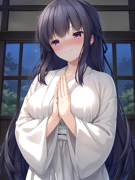 1girl,(blush:1.3),kimono,looking down,breasts,escude,kagami,purple eyes,large breasts,window,<lora:ESCUDE_-_Haisen_Shoujo_-_Kagami:0.9>,moonlight,night,standing,closed mouth,smile,aroused,in heat,teasing,sexually suggestive,seductive smile,full-face blush,steepled fingers,praying,, score_9, score_8_up, score_7_up,source_anime,(masterpiece),(best quality),(ultra-detailed),(best illustration),(best shadow),(absurdres),(detailed background),(very aesthetic),source_anime