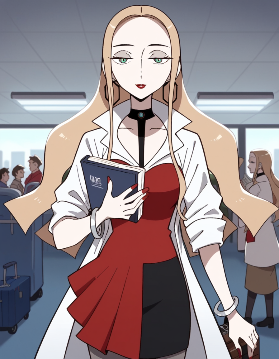 score_9, score_8_up, score_7_up, source_anime, <lora:pokemon-oleana-twilight-wings-ponyxl-lora-nochekaiser:1>, oleana, long hair, blonde hair, green eyes, makeup, half-closed eyes, red lips, forehead,, skirt, shirt, jewelry, pantyhose, earrings, choker, black skirt, bracelet, coat, black choker, blouse, red shirt, red nails, hoop earrings, white coat, grey pantyhose, airport, waiting area, suitcase, flight delayed, passengers, reading book, smile, looking at viewer, solo,, cowboy shot, dutch angle