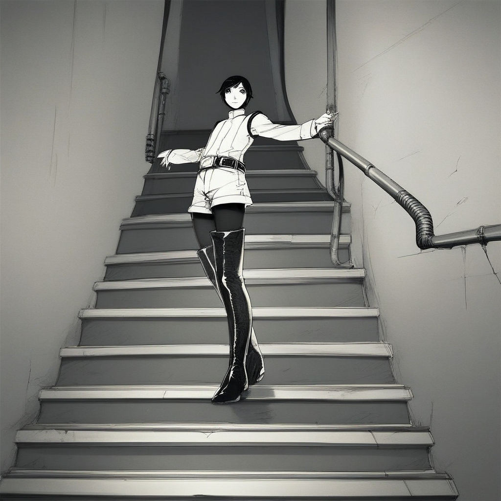 score_9, score_8_up, score_7_up, score_6_up, izana-shinatose, Shidonia-no-Kishi, 1girl solo, looking at viewer, short hair, black hair, long sleeves, thighhighs, standing, monochrome background, female focus, pantyhose, boots, shorts, belt, black eyes, uniform, thigh boots, androgynous, stairs, industrial pipe, sensitive