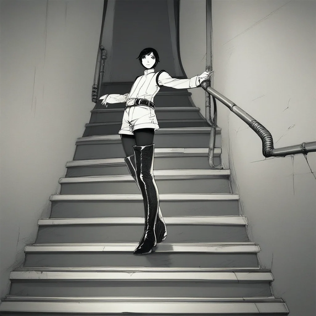 score_9, score_8_up, score_7_up, score_6_up, izana-shinatose, Shidonia-no-Kishi, 1girl solo, looking at viewer, short hair, black hair, long sleeves, thighhighs, standing, monochrome background, female focus, pantyhose, boots, shorts, belt, black eyes, uniform, thigh boots, androgynous, stairs, industrial pipe, sensitive