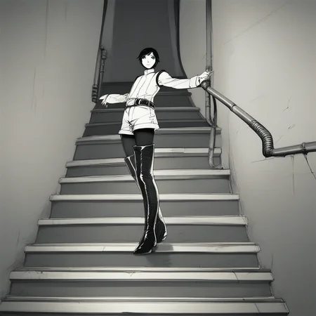score_9, score_8_up, score_7_up, score_6_up, izana-shinatose, Shidonia-no-Kishi, 1girl solo, looking at viewer, short hair, black hair, long sleeves, thighhighs, standing, monochrome background, female focus, pantyhose, boots, shorts, belt, black eyes, uniform, thigh boots, androgynous, stairs, industrial pipe, sensitive