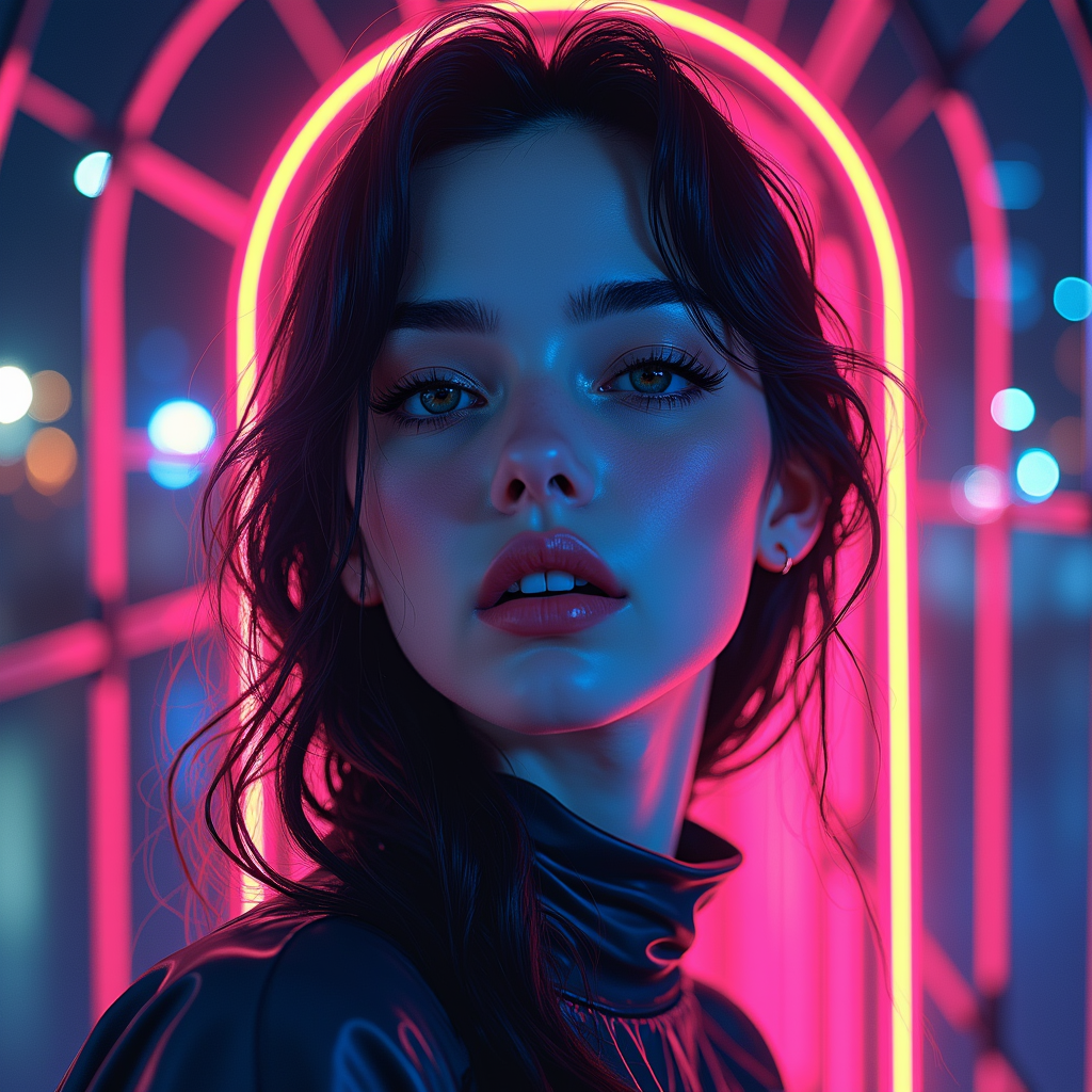 (portrait:1.4) (1girl) neon with abstract beauty, centered, looking at the camera, approaching perfection, psychedelic colors, dynamic, moonlight, highly detailed, digital painting, artstation, concept art, smooth, sharp focus, illustration, art by Carne Griffiths and Wadim Kashin, using Cinema Full HD, Gs studio, using Cinema HD 