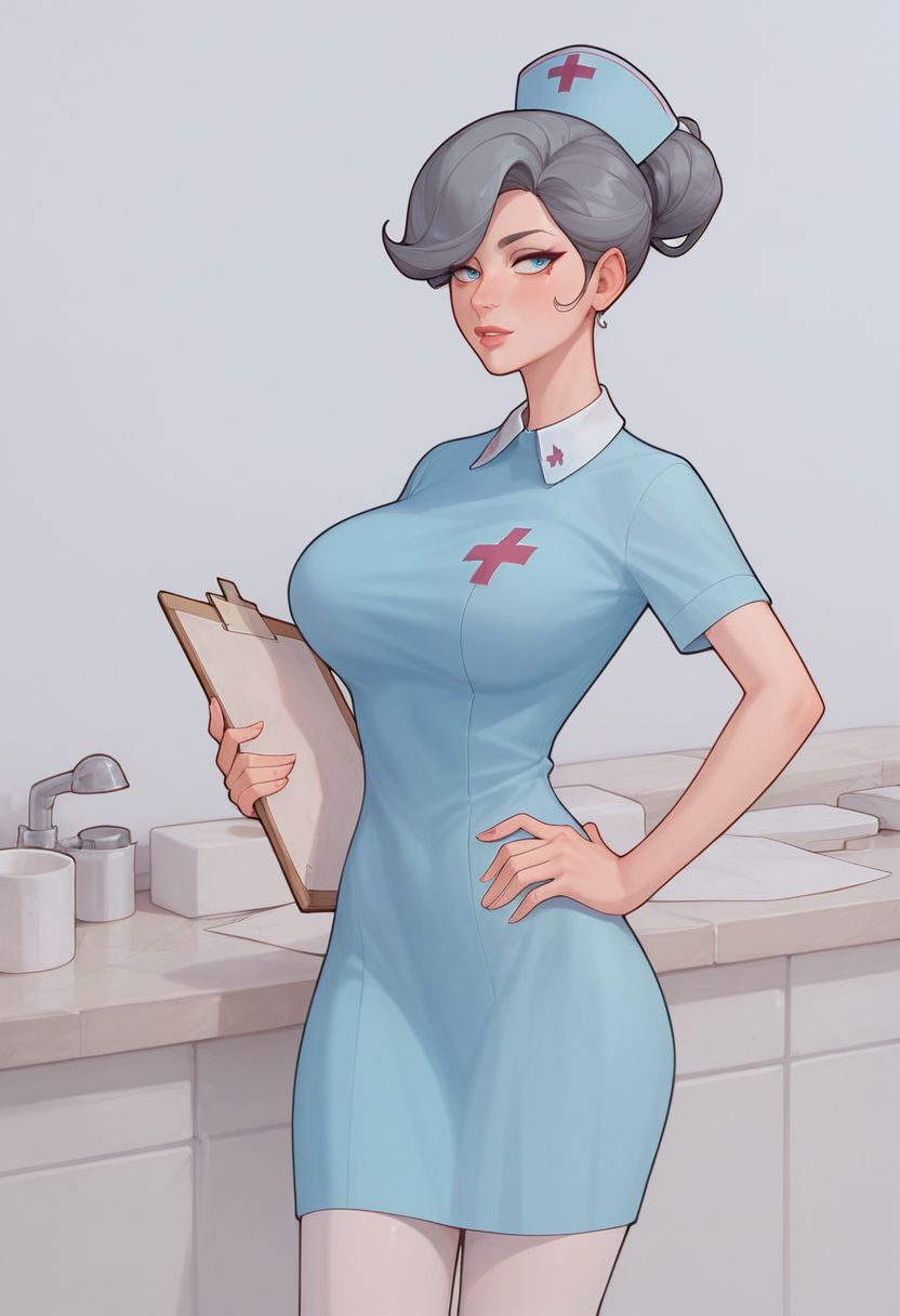 Score_9_up, score_8_up, score_7_up, 1girl, marysn, solo, nurse, nurse cap, grey hair, big boobs, hands on hip, Expressiveh