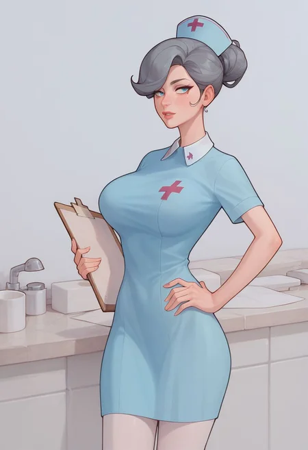 Score_9_up, score_8_up, score_7_up, 1girl, marysn, solo, nurse, nurse cap, grey hair, big boobs, hands on hip, Expressiveh