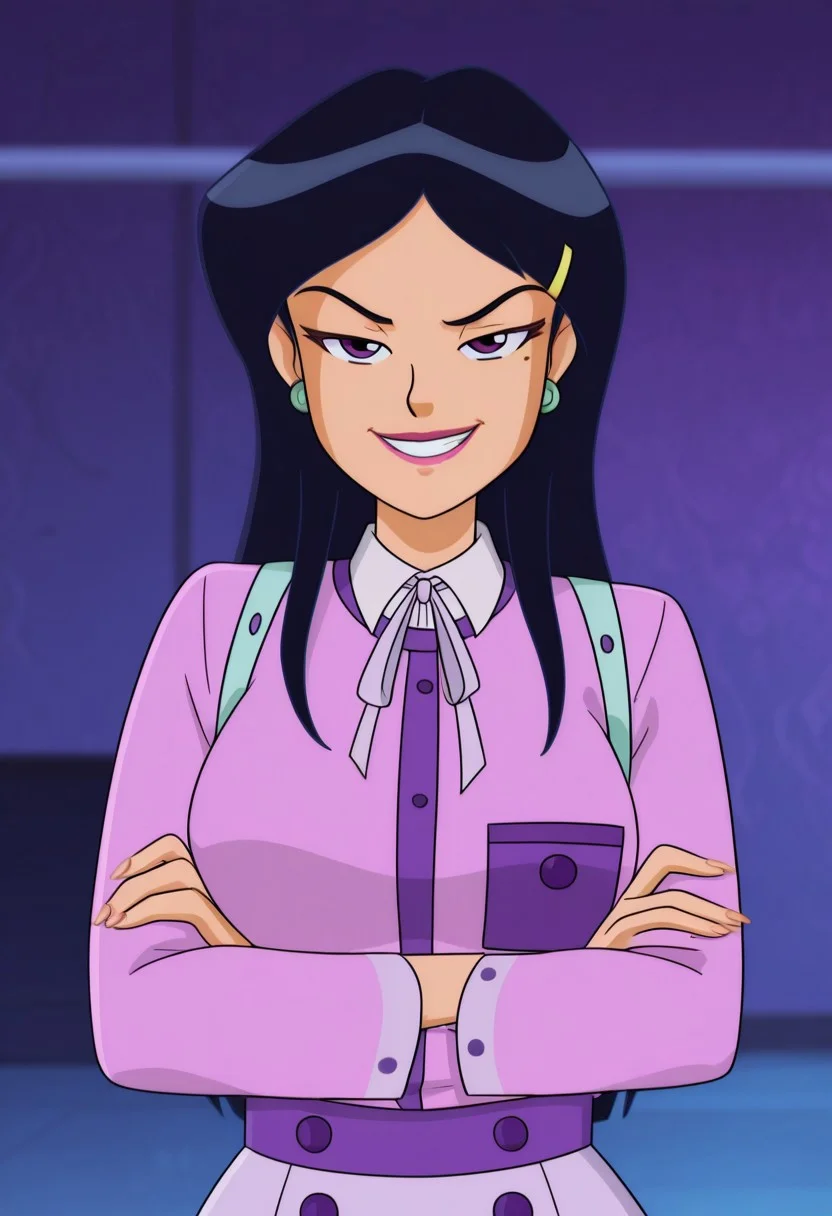 masterpiece, best quality, good quality, 1girl, solo, cartoon, totally_spies_2k24, mandy_ts, black hair, long hair, purple eyes, pale skin, sexy, large breasts, beautiful, detailed, high detailed, very beautiful, detailed face, detailed eyes, detailed hand, purple fingernails, long nails, abstract background, neon, smile, smirk, smirking expression, posing, sexy pose, smile, smug, grin, (close-up), face focus