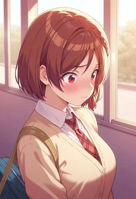 masterpiece,best quality,amazing quality, sakuramori akane, short hair, brown hair, red eyes, 1girl, solo, necktie, braid, school uniform, blush, bag, red necktie, shirt, white shirt, upper body, collared shirt, closed mouth, plaid necktie