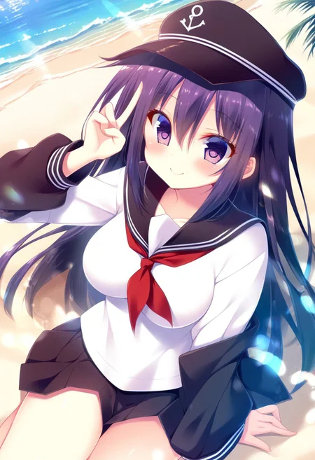 score_9,score_8_up,score_7_up,source_anime,anime, BREAK,
mitsumomo style,
(cute),1girl, akatsuki, (medium breasts), purple hair, long hair, hair between eyes, purple eyes,
serafuku, flat cap, black sailor collar, black mini skirt, long sleeves, neckerchief, sailor collar,
smile, cheerful,
any pose,
outdoors, shiny light, beach,