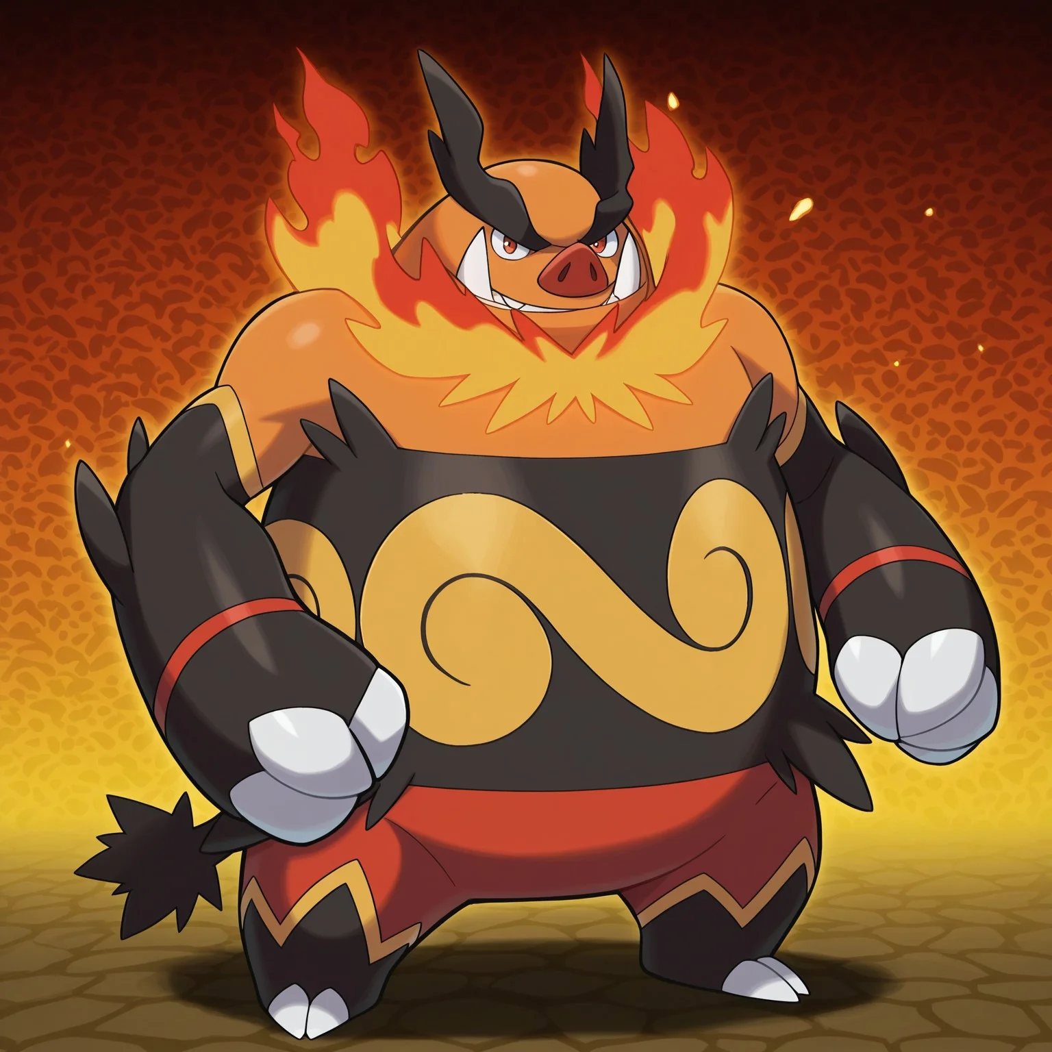 2d, solo, pokemon (creature), Emboar, orange fur, red pig nose, red eyes, large fangs, black eyebrows, big eyebrows, flames around neck, yellow pattern on belly, orange fur, red fur, black fur, multicolored fur, multicolored body, claws, tail, toe claws, red band on wrists,
BREAK standing, sharp teeth, grin, looking at viewer, full body, abstract background
BREAK best quality, amazing quality, very aesthetic, absurdres, newest, masterpiece