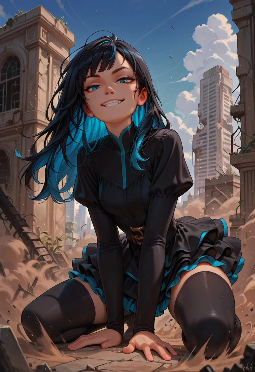 masterpiece, best quality, amazing quality, <lora:p0nyd1sney1ncasev1x0n2-v2:1>, p0nyd1sney1ncasev1x0n2, 1girl, 25 years old, perfect face,
multicolored hair, long hair, black hair, blue hair,
blue eyes,
black dress, layered dress,
black thighhighs,
superhero landing, on one knee, hand on ground, wind, floating hair, ruins, city, sky, looking at viewer, smirk, smug, dust,
park,