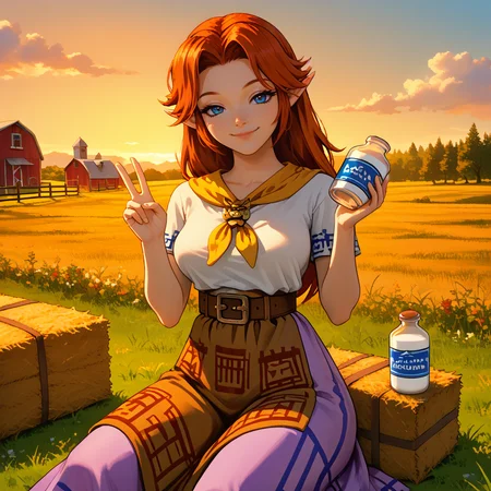 1girl,solo,ccremia,red hair,long hair,parted bangs,blue eyes,pointy ears,yellow neckerchief,brooch,plain shirt,short sleeves,blue trim,brown belt,belt buckle,brown waist apron,purple skirt,long skirt,fingernails,large breasts,<lora:meh:1>,
outdoors,farm,grass,hay bale,fence,grass field,dusk,milk bottle,sunset,
sitting,on hay bale,cowboy shot,looking at viewer,happy,smile,bedroom eyes,closed mouth,hands up,holding bottle,v,<lora:pony_good_hands:1>,good_hands,<lora:StS_PonyXL_Detail_Slider_v1.4_iteration_3:1.2>,, score_9, score_8_up, score_7_up, perfect anatomy, source_anime, zPDXL2,