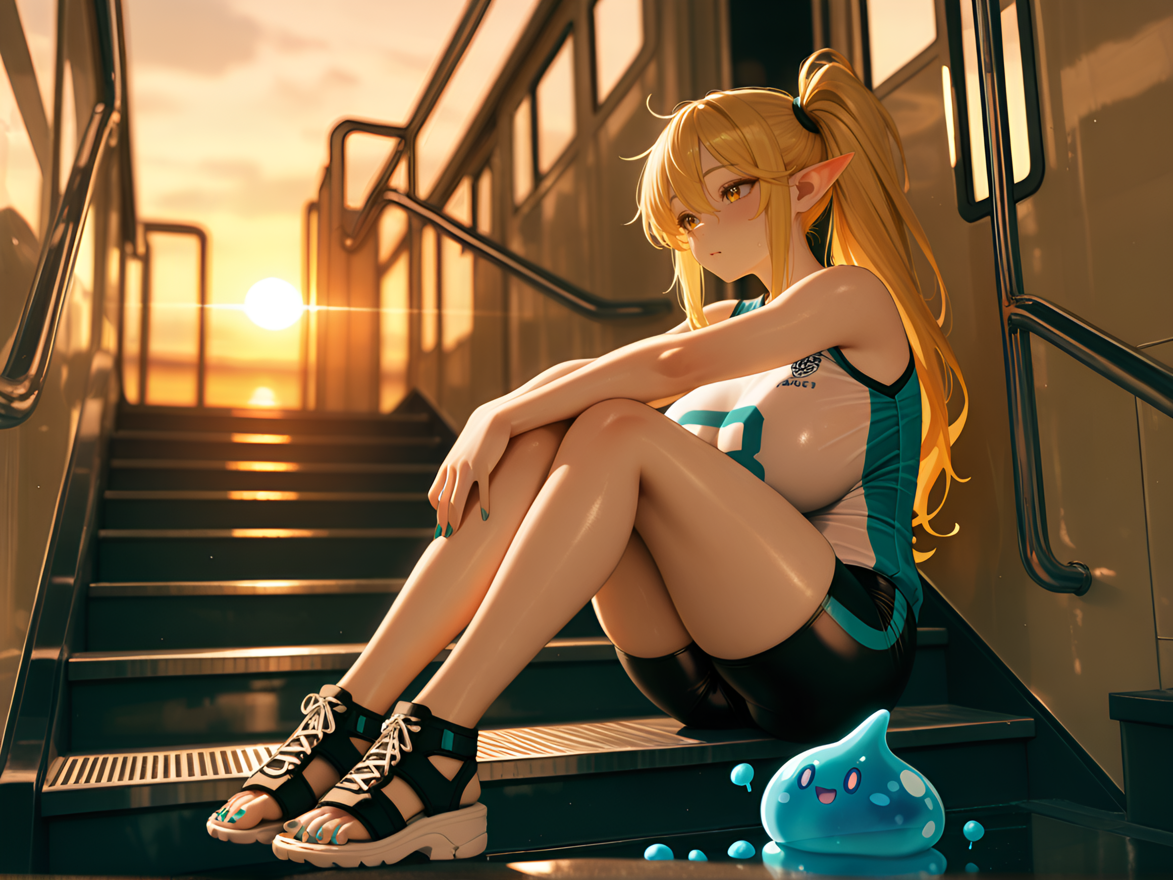 nail_polish, sandals, motion_lines:1.1, vignette, depth of field, Mermaid sit - Sitting with legs folded to one side, very aesthetic, 8K, 5koma, long hair, ray_tracing, newest, long_nails, no bra., 1boy, slime_(creature), feet peeking out, Volleyball uniform with tight spandex shorts and a fitted jersey, amazing quality, best quality, pale skin, motion_blur:1.1, ambient occlusion, masterpiece, absurdres, Flooded subway entrance stairs., anime character, pointed_ears, ultra-detailed, absolutely eye-catching, slime_(creature), 1girl, blurry background, calm expression, Lilith Asami, RTX, miniature world, huge breasts, sunset, Golden blonde hair, Chiaroscuro Theme, Braided side ponytail