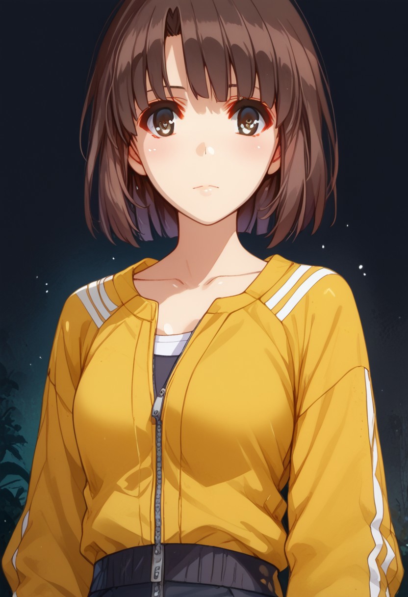 source_cartoon, score_9, score_8_up, score_7_up, solo focus, Expressiveh, watercolor \(medium\), traditional media, down jacket, 1girl is megumi katou, brown hair, short hair, brown eyes, perfect face, beautiful face, face focus, ((The down jacket zipped up to the neck)), and a small, embroidered yellow Adidas logo on the left chest. The down jacket has a quilted texture with visible seams. The megumi katou hands are large and gloved, with thick, padded fingers and palms, indicating a robust, protective design. It wears black pants with a similar padded texture. The megumi katou feet feature futuristic, yellow neon sneakers with a small touch of yellow neon lines. The overall aesthetic is a blend of cyberpunk and high-tech fashion, down jacket