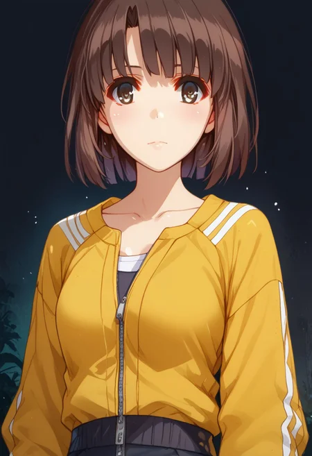 source_cartoon, score_9, score_8_up, score_7_up, solo focus, Expressiveh, watercolor \(medium\), traditional media, down jacket, 1girl is megumi katou, brown hair, short hair, brown eyes, perfect face, beautiful face, face focus, ((The down jacket zipped up to the neck)), and a small, embroidered yellow Adidas logo on the left chest. The down jacket has a quilted texture with visible seams. The megumi katou hands are large and gloved, with thick, padded fingers and palms, indicating a robust, protective design. It wears black pants with a similar padded texture. The megumi katou feet feature futuristic, yellow neon sneakers with a small touch of yellow neon lines. The overall aesthetic is a blend of cyberpunk and high-tech fashion, down jacket