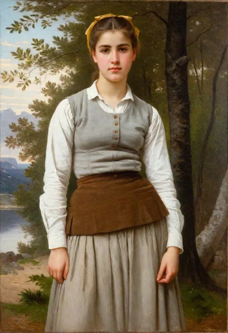 an oil painting portrait of a young woman by WllBgr, bougeureau, outdoors, brown skirt, white shirt, grey top, dress trees, standing, front view, <lora:bouguereau_XL_resize:0.5>
