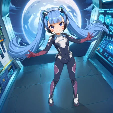 score_9, score_8_up, score_7_up, best quality, official art, concept art, zPDXL3, anime screencap, source_anime, 8k, absurdres, beautiful, stunning, cutest girl in the world, 1girl, solo, straight on, facing viewer, looking at viewer, leaning backward, floating:1.2, <lora:hinaMaybeBetterPoseXL_v4-rev9:1.5>, full body, short stature, uncropped, <lora:merunyaa_style_ponyxl_v1_unet:1>, merustyle, by merunyaa, BREAK
<lora:hermit-mio-s1-ponyxl-lora-nochekaiser:1>, hermit mio, long hair, blue eyes, twintails, very long hair, blue hair, facial mark, headphones, gloves, bodysuit, covered navel, pilot suit, smile, cute smile, BREAK
<lora:Space_ship_concept:1>, sp4cecraft, spacecraft_interior, detailed background, night, evening, midnight, full moon, <lora:BackgroundDetailerV3:0.5>, <lora:Expressive_H:1>, Expressiveh, <lora:add_details_xl:1>