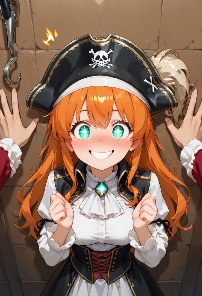 povkabedon, 1girl, solo focus , lazypos, pirate outfit, glowing smile, sparkly eyes, nose blush, extremely excited, cheerful, extremely happy, , full of illusion, (hook hands against wall)