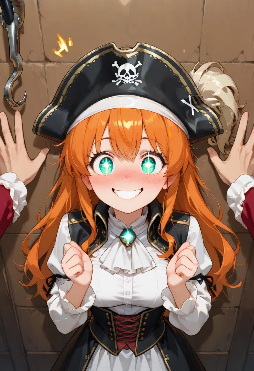 povkabedon, 1girl, solo focus , lazypos, pirate outfit, glowing smile, sparkly eyes, nose blush, extremely excited, cheerful, extremely happy, , full of illusion, (hook hands against wall)