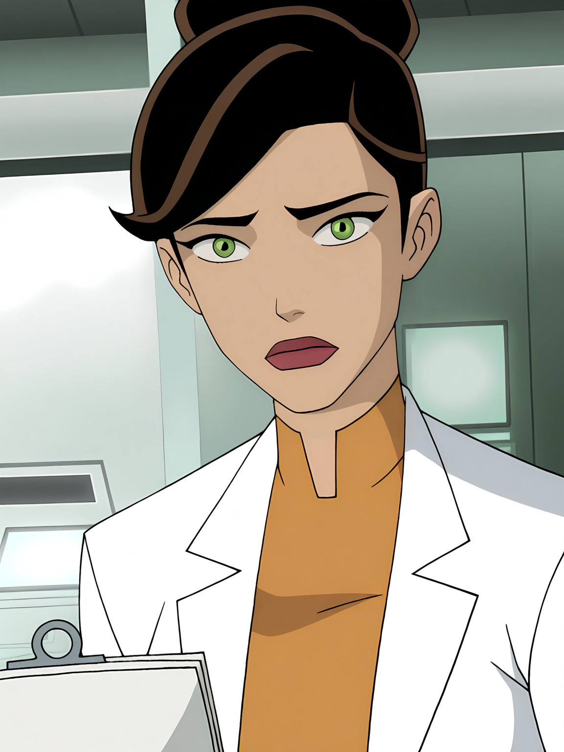 <lora:Rebecca_Holiday:0.8>, rebecca_holiday, 1girl, solo, green eyes, brown hair, hair bun, red lips, lab coat, shirt tucked in, worried, closed mouth, looking at viewer, standing, holding paper, portrait, indoors, laboratory, dark