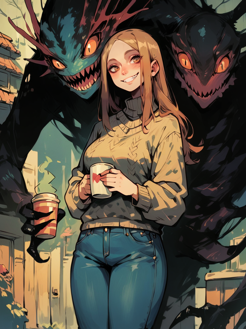 score_9, score_8_up, score_7_up, score_6_up, monster, smile, <lora:cr33pp41ntXLP:1> cr33pp41nt, dark, curvy, sweater, jeans, monster, holding cup,