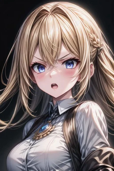 (masterpiece),
Luna,
1girl, blonde, floating hair,
white shirt,
upper body shot,
HDR, highly detailed, 32k,
black background, anger mood,
perfect face feature,
