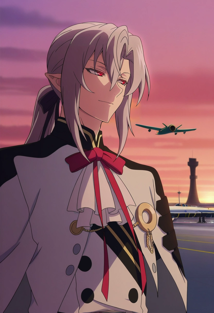 masterpiece, best quality, intricate details, anime screencap, anime coloring, official style,, 1boy, solo, male focus, <lora:ferid_bathory_ilxl:1>, ferid_bathory, grey hair, red eyes, long hair, hair between eyes, pointy ears, ponytail, , airport runway, glowing taxiway, parked planes, control tower, guiding pose, focused expression, twilight glow,