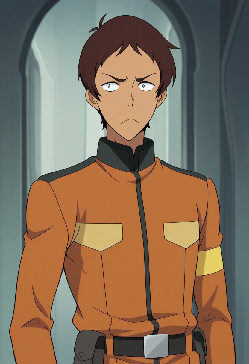 masterpiece,best quality,amazing quality, source_anime, 
lanciuv, 1boy, male focus, solo, dark skin, dark-skinned male, brown hair, forehead, uniform, orange jacket, belt, frown,