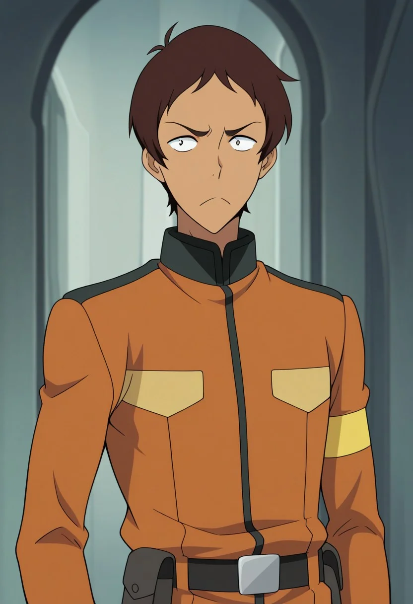 masterpiece,best quality,amazing quality, source_anime, 
lanciuv, 1boy, male focus, solo, dark skin, dark-skinned male, brown hair, forehead, uniform, orange jacket, belt, frown,